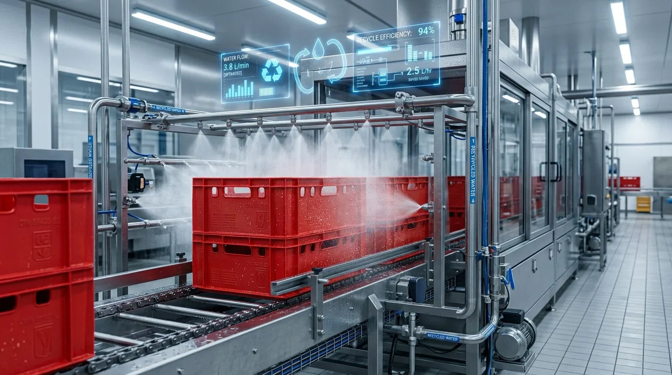 DIN 55423 Standardı E2 Plastik Et Kasası Yıkama Tüneli Su Tüketim Optimizasyonu