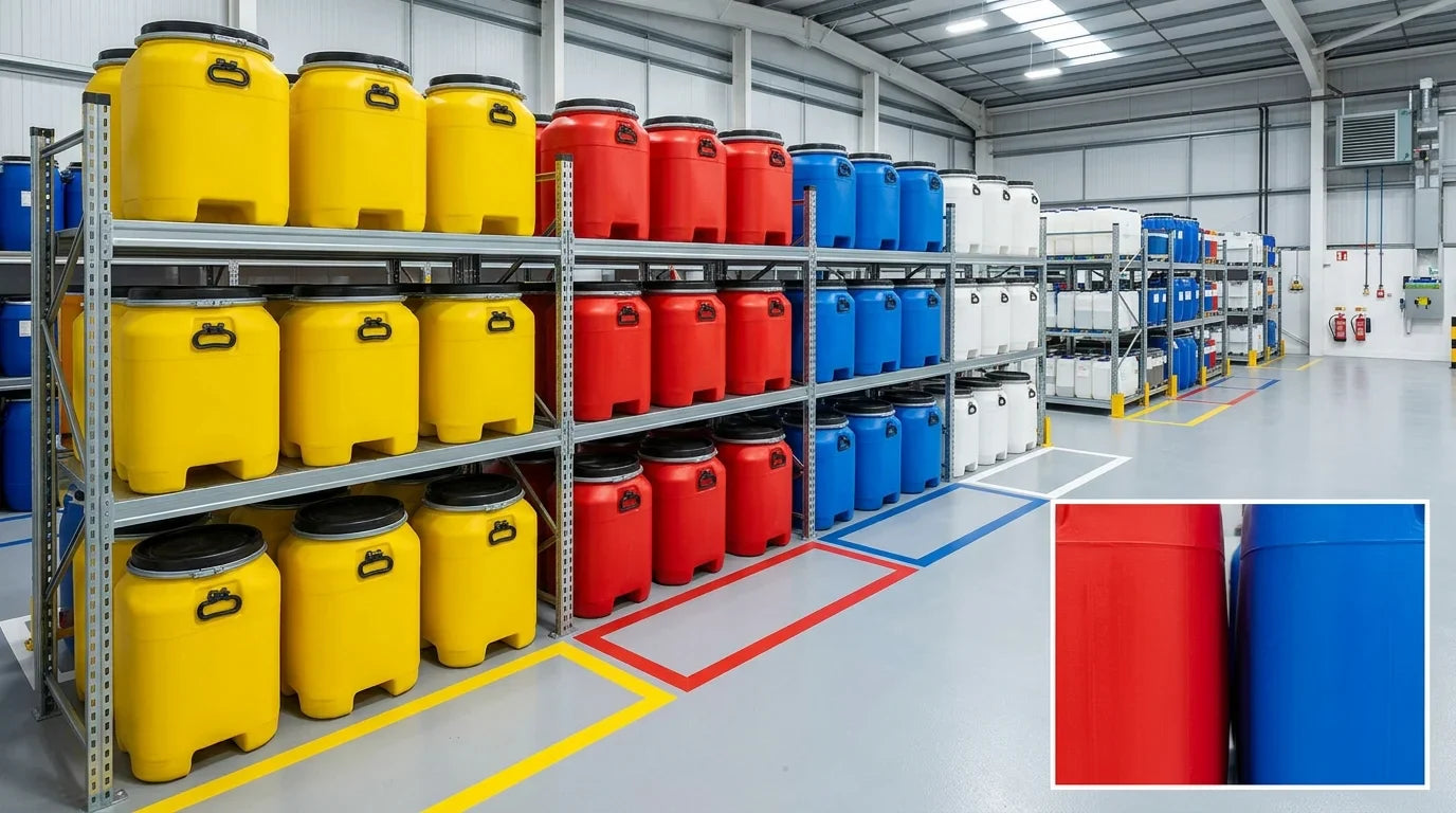 Birbiriyle Reaksiyona Giren Kimyasalların Segregasyonu İçin Renk Kodlu Endüstriyel Plastik Kasalar